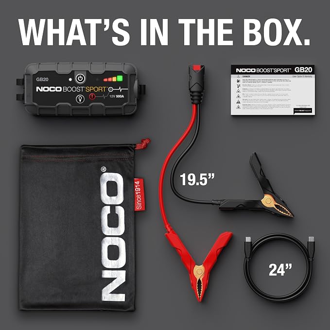 NOCO Boost GB20: 500A UltraSafe Jump Starter – 12V Lithium Battery Booster Pack, Portable Jump Box, Power Bank & Jumper Cables - for 4.0L Gas Engines