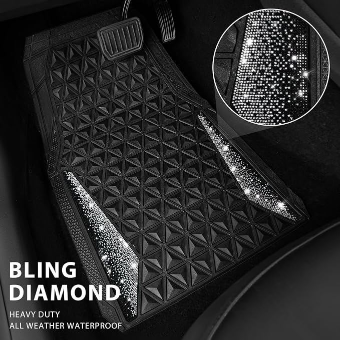 CAR PASS Bling Diamond Car Mats Rubber Floor Mats Full Set Anti-Slip 3D Rhombus Waterproof Trim to Fit Liner Universal Glitter Crystal Sparkly Shining Rhinestone Girl Women SUV Sedan Van, Black Silver
