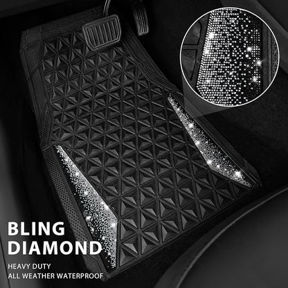 CAR PASS Bling Diamond Car Mats Rubber Floor Mats Full Set Anti-Slip 3D Rhombus Waterproof Trim to Fit Liner Universal Glitter Crystal Sparkly Shining Rhinestone Girl Women SUV Sedan Van, Black Silver