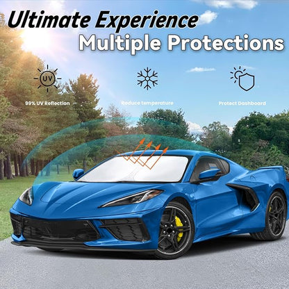 Windshield Sun Shade for Chevy Chevrolet Corvette C8 2020-2026, Car Front Window Sunshade with 240T Sun Visor Protector Blocks UV Rays Heat Sun Shield Accessories