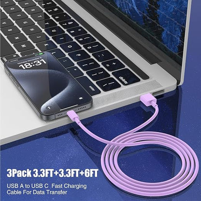 3-Pack Purple [3.3FT+3.3FT+6FT] USB A to USB C Cable，USB to USB C Car Carplay Cable for iPhone 16 15 Pro Plus Pro Max，for iPad Pro/Air/Mini，for Samsung S24/S23/S22/S21，for MacBook Pro/Air and More