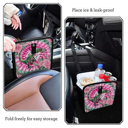 Car Trash Can Organizer Bin with Adjustable Strap for Back Front Seat Console Waterproof Leakproof Collapsible Portable 11 Inch Tie Dye Dinosaur Pink Green