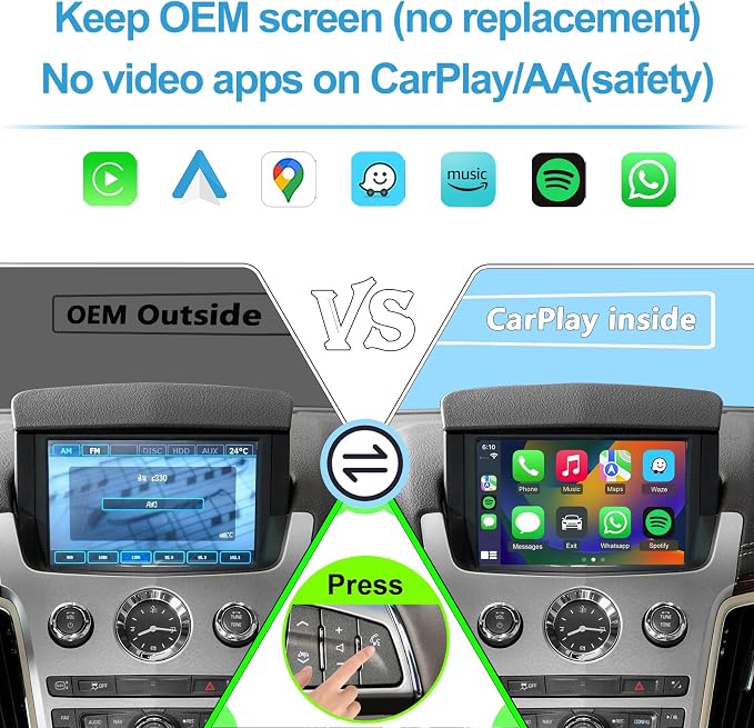 Wireless CarPlay & Android Auto Interface Compatible with Cadillac CTS 2009-2013 Retrofit Kit, Support Original Camera, Steering Wheel, AUX Audio and Micphone, Keep All OEM Radio Functions