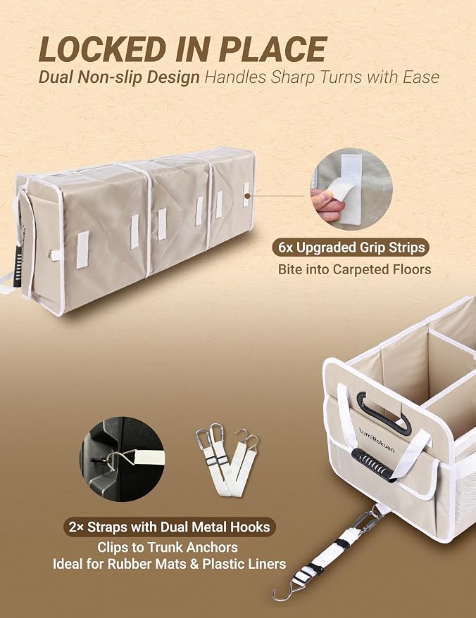 Heavy Duty Trunk Organizer with Lid for Car SUV-1680D Water-Resistant &3.5mm PP Skeleton,Collapsible Storage Box with No Sliding Metal Hooks,Fits Tesla,Truck,Sedan(XL, Cream)