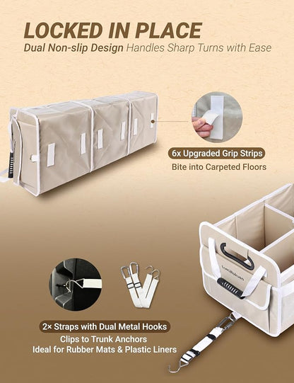 Heavy Duty Trunk Organizer with Lid for Car SUV-1680D Water-Resistant &3.5mm PP Skeleton,Collapsible Storage Box with No Sliding Metal Hooks,Fits Tesla,Truck,Sedan(XL, Cream)