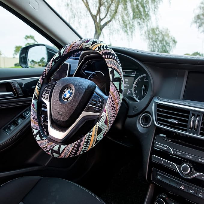 Valleycomfy Cloth Steering Wheel Covers for Women Bohemian Universal 15 inch Baja Blanket Enthic Maya