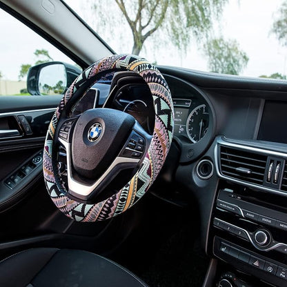 Valleycomfy Cloth Steering Wheel Covers for Women Bohemian Universal 15 inch Baja Blanket Enthic Maya