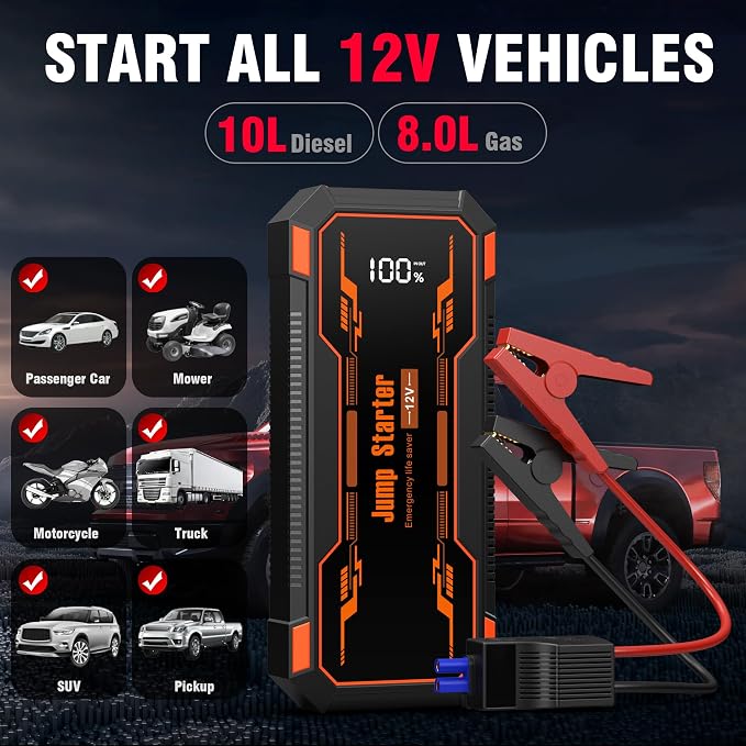Car Jump Starter 6000A Car Battery Jump Starter Portable,12V Battery Jumper Starter Portable(10.0L Gas/8.0L Diesel),LCD Display Jump Box Jump Starter Battery Pack with Jumper Cable&Flashlight-Orange