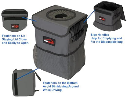 EPAuto Waterproof Car Trash Can with Lid and Storage Pockets, 2.5 Gallon Leakproof, Dark Gray