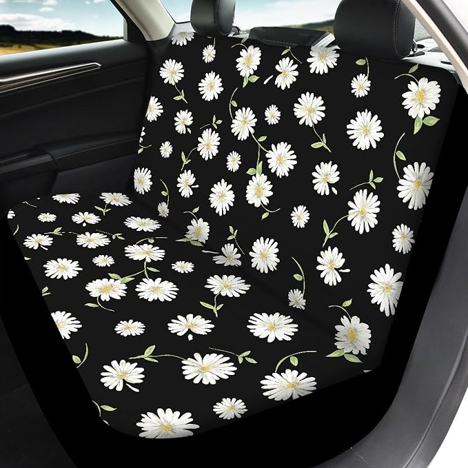 Daisy Car Seat Covers Full Set,Cute Daisy Flowers Black Design Floral Print Vehicle Front Rear Bench Cushion Protectors for Women Men Auto Interior Accessories Universal Fit for Trucks Sedans
