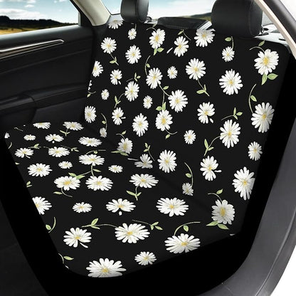 Daisy Car Seat Covers Full Set,Cute Daisy Flowers Black Design Floral Print Vehicle Front Rear Bench Cushion Protectors for Women Men Auto Interior Accessories Universal Fit for Trucks Sedans