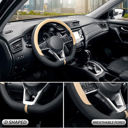 SEG Direct Flat Bottom Steering Wheel Cover Breathable, D Shaped Car Wheel Cover 14 1/2-15 in. (37-39 cm), Black Beige Microfiber Leather