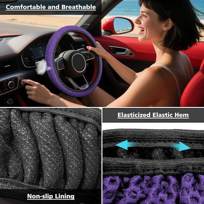KAFEEK Elastic Stretch Steering Wheel Cover 15 Inch, Breathable Ice Silk Microfiber, Non-Slip Grip, Warm in Winter and Cool in Summer, Odorless, Car Accessories Fit Cars, SUVs, Purple