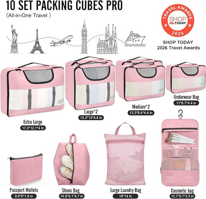 Veken 10 Set Packing Cubes for Travel Essentials,Anti-Wrinkle Buckled Suitcase Organizer for Shoe & Toiletry Bag,Carry On Luggage Bag with 99+ Count Mesh Holes for Airplane & College Dorm Accessories