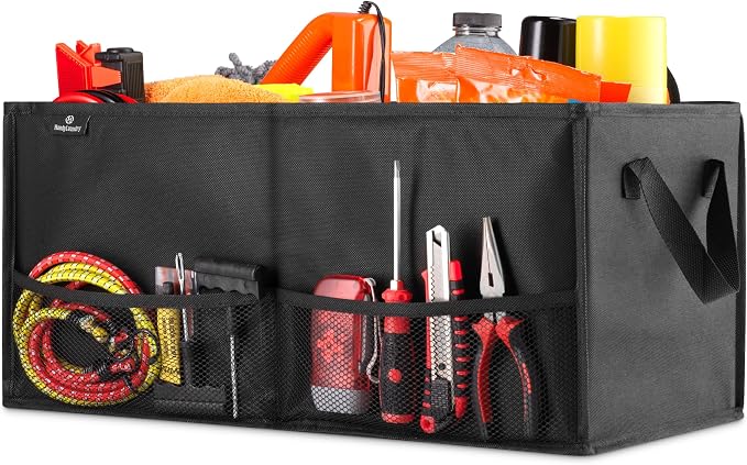 Handy Laundry Car Trunk Organizer – Large 2 Compartment Storage Bin with Non-Slip Fastener, Mesh Side Pockets & Heavy-Duty Handles, 22 x 10 x 11 in, Black – Prevents Shifting & Rolling