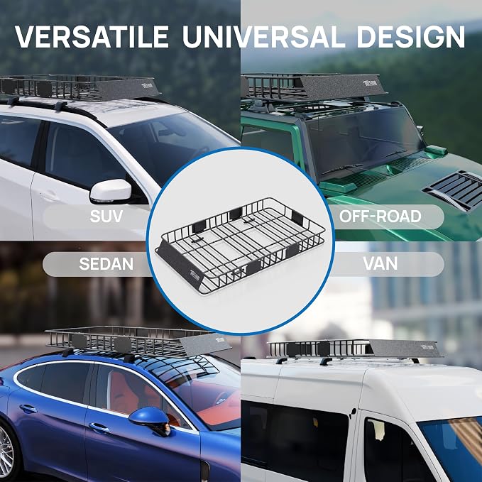 TUFFIOM 64"x 39"x 6" Universal Rooftop Cargo Carrier Basket, Extendable Steel Roof Rack Basket w/Net+Storage Bag+Straps, Heavy Duty Car Top Rack Luggage Holder Carrier for SUV Car Truck Van
