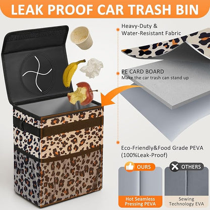 Vankor 3 Gallons Cute Car Trash Can, Car Accessories for Interior Leak Proof Can Trash Bag Hanging Waterproof Automotive Vehicle Garbage Cans Leopard Print Pattern