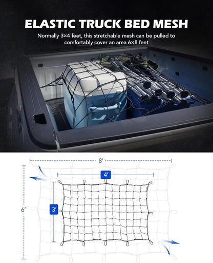 Orion Motor Tech Heavy Duty Cargo Net, 3' x 4' Bungee Cord Net Stretches to 6' x 8' for Pickups SUVs Vans Semis, Truck Bed Roof Rack Trailer Netting with Handmade Knotting 12 Carabiners Storage Bag