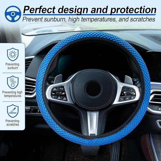 Alpmosn Elastic Stretch Steering Wheel Cover, Universal Interior Accessories Steering Wheel Cover for Women & Men, Breathable Microfiber Ice Silk, Anti-Slip, Odorless, Easy Carry(Blue)