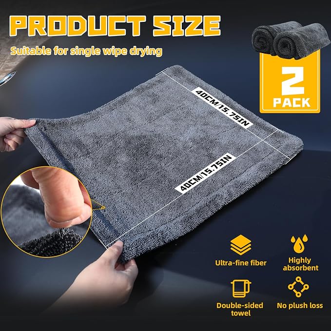 2-Pack Double-Twist Pile Microfiber Towels for Cars 1300 GSM Car Drying Towels (15.75" x 15.75") Ultra Absorbent Microfiber Towel, Streak-Free & Scratch-Free Car Cleaning Supplies with Edgeless Design