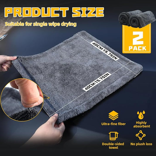 2-Pack Double-Twist Pile Microfiber Towels for Cars 1300 GSM Car Drying Towels (15.75" x 15.75") Ultra Absorbent Microfiber Towel, Streak-Free & Scratch-Free Car Cleaning Supplies with Edgeless Design