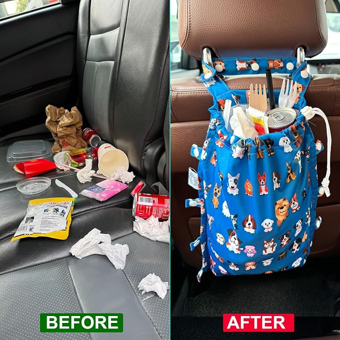 Leak-Proof Waterproof Car Trash Bag Foldable Multipurpose Trash bin Container Storage Cute Grocery Organizer Bag for Automotive Front or Back Seat in Cars SUVs and Trucks (Dog Family)