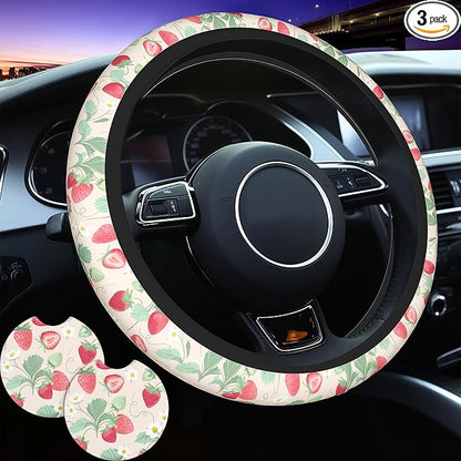 Strawberry Flowers Steering Wheel Cover - Strawberry Flower Steering Wheel Cover for Women Cute Car Breathable Universal for 14-15 Inch Anti-Slip 2 Pieces Car Coasters