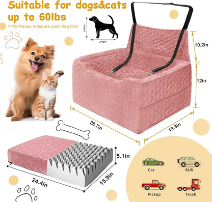 Dog Car Seat for Medium/Large Dog Booster Seat Under 60 lbs or 2 Small Dogs, Multi-Functional Pet Car Seat with Thick Cushion, 2 Safety Leashes (Pink)