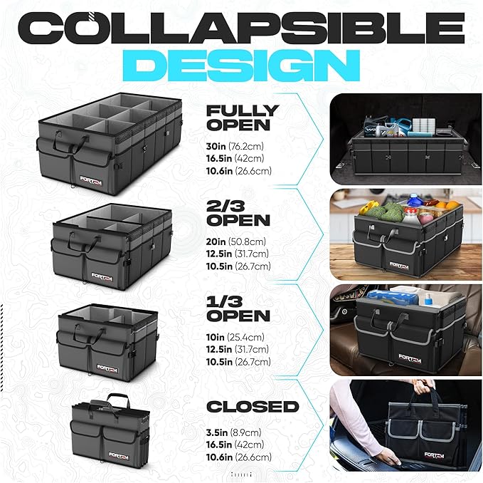 FORTEM Trunk Organizer with Cooler For SUV Car Trunk, Foldable Storage, Car Accessories for Women Men, Collapsible Bag, 600D Oxford, Non Slip Bottom, Straps, Soft Cover (105L)