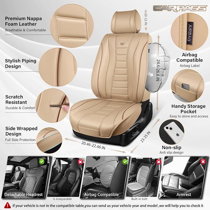CAR PASS Nappa Leather Seat Covers, Universal FIT Piping Leather Car Seat Cover Full Set for Cars,SUV,Truck 3D Foam Waterproof Luxury Seat Covers 5 Seats, Comfort Durable Airbag Compatible Beige