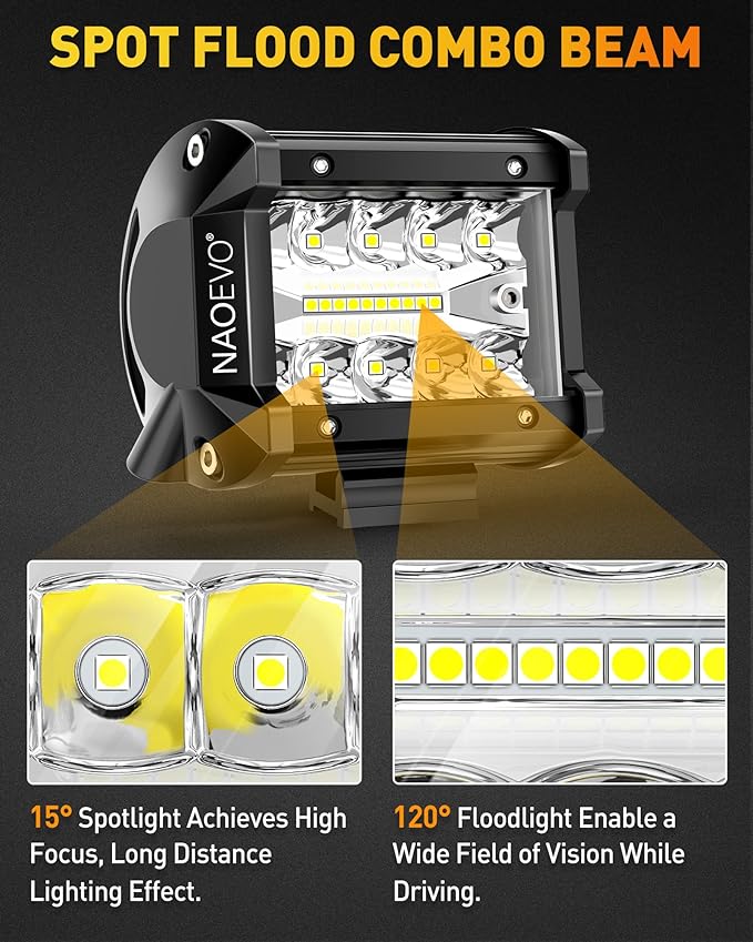 NAOEVO 4 Inch LED Pod Lights, 240W 24,000LM LED Fog/Driving/Off Road Lights with Spot Flood Combo, Cube Pods for Truck Boat ATV UTV Pickup, 4 Pcs (White)