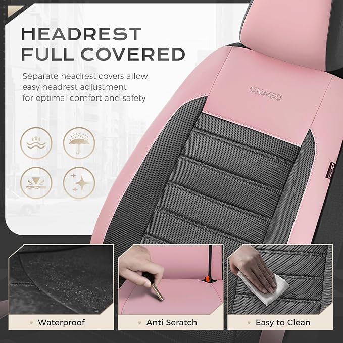 Coverado Car Seat Covers Front Seats, Luxury Leather Car Seat Covers, Automotive Mesh Seat Covers 2 Pack, Airbag-Compatible, Black Pink Seat Covers for SUV Sedan Truck