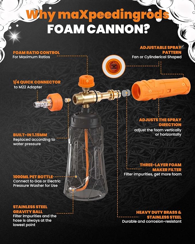 maXpeedingrods Foam Cannon for Pressure Washer, Wide Mouth Quick Release Car Wash Foam Gun with Adjustable Soap Cannon, Thick Snow Foam, 1/4'' Quick Connector, with 2 Orifice Nozzle (Transparent)