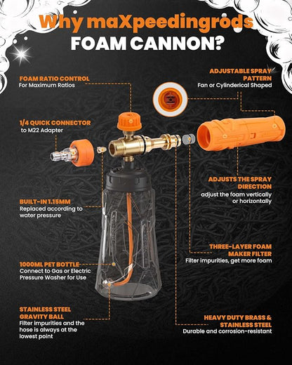 maXpeedingrods Foam Cannon for Pressure Washer, Wide Mouth Quick Release Car Wash Foam Gun with Adjustable Soap Cannon, Thick Snow Foam, 1/4'' Quick Connector, with 2 Orifice Nozzle (Transparent)
