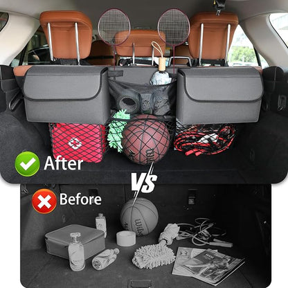Deluxe Trunk Organizer, Grey, Compact & Mid Size SUV | Backseat Hanging, Waterproof Collapsible, 6 Pockets, Reinforced No-Sag Design