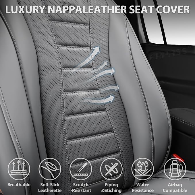 CAR PASS Nappa Leather Seat Covers, Universal FIT Piping Leather Car Seat Covers Full Set for Cars,SUV,Truck 3D Foam Waterproof Luxury Seat Covers 5 Seats, Comfort Durable Airbag Compatible All Gray