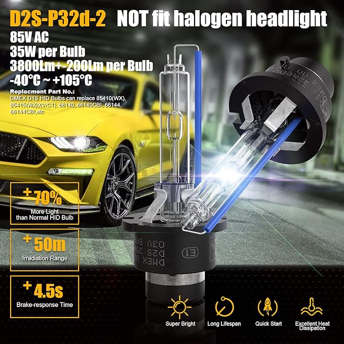 DMEX D2S HID Headlight Bulbs 6000K Cool White Xenon 35W 85122 66240 66040 66240CBI Replacement - Pack of 2 (Not fit Halogen Headlamp)