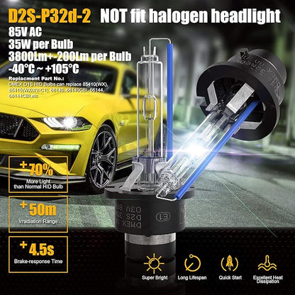 DMEX D2S HID Headlight Bulbs 6000K Cool White Xenon 35W 85122 66240 66040 66240CBI Replacement - Pack of 2 (Not fit Halogen Headlamp)
