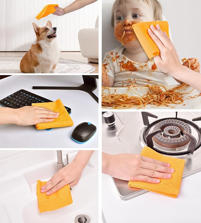 Microfiber Cleaning Cloth Roll–100 Pack, Tear Away Microfiber Towels, Reusable, Washable, Scratch-Free, Kitchen Towels for Car, Home, Kitchen, Glass, Dishes(Tangerine Yellow)