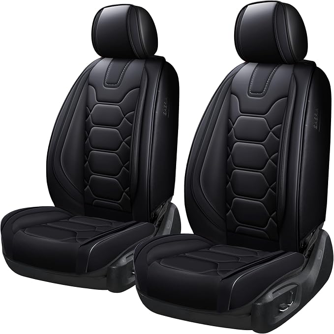OASIS AUTO Car Seat Covers Front Seats, Sporty Honeycomb Waterproof Faux Leather Protectors, Universal Fit for SUV, Sedan, Truck Interior Accessories (OS-004 Black)