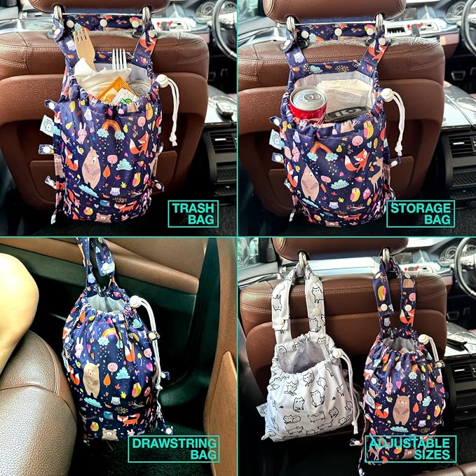 Leak-Proof Waterproof Car Trash Bag Foldable Multipurpose Trash bin Container Storage Cute Grocery Organizer Bag for Automotive Front or Back Seat in Cars SUVs and Trucks (Jungle Animals)