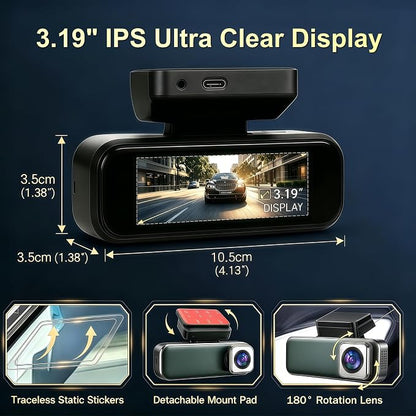 4K Dash Cam Front and Rear with GPS WiFi, Dual Car Camera for Uber Lyft Taxi Drivers, 64GB Card, 4K+1080P, HDR Night Vision, 3.19" IPS Screen, Parking Mode, Loop Recording