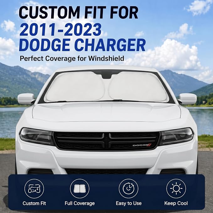 Custom Fit Windshield Sun Shade for Dodge Charger 2011-2023 | Custom Fit Windshield Cover, Blocks UV Rays, Double-Layer Heat Shield, Durable Frame, Easy Fold & Storage