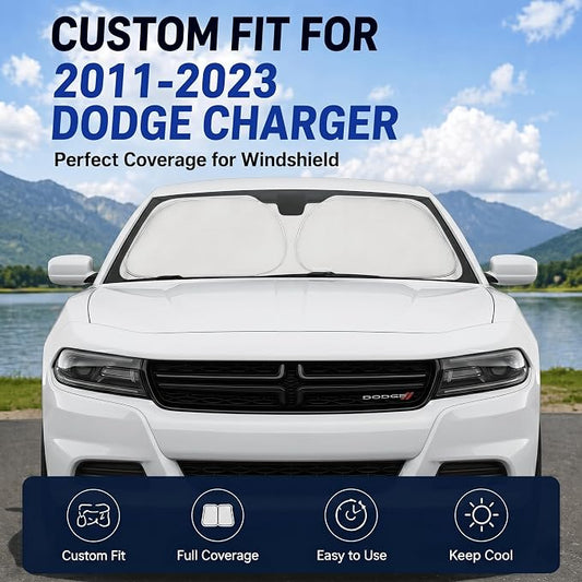 Custom Fit Windshield Sun Shade for Dodge Charger 2011-2023 | Custom Fit Windshield Cover, Blocks UV Rays, Double-Layer Heat Shield, Durable Frame, Easy Fold & Storage