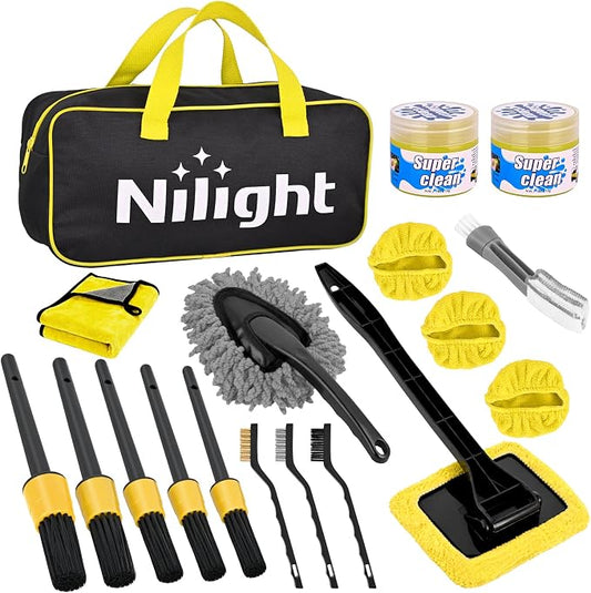 Nilight 15PCS Car Detailing Kit Auto Cleaning Tools Wash Set with Storage Carry Bag Beginners Easy to Use for Interior Exterior Car Care Clean Windshield Dashboard Seat Air Vents Wheels Tires, Yellow