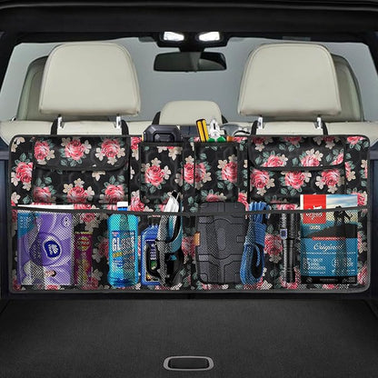 Car Trunk Organizer, Super Capacity Backseat Car Organizer for SUV/Truck/MPV(42"*18"), Hanging Car Storage Organizer with 8 Pocekts, Car Accessories for Women and Men- Floral