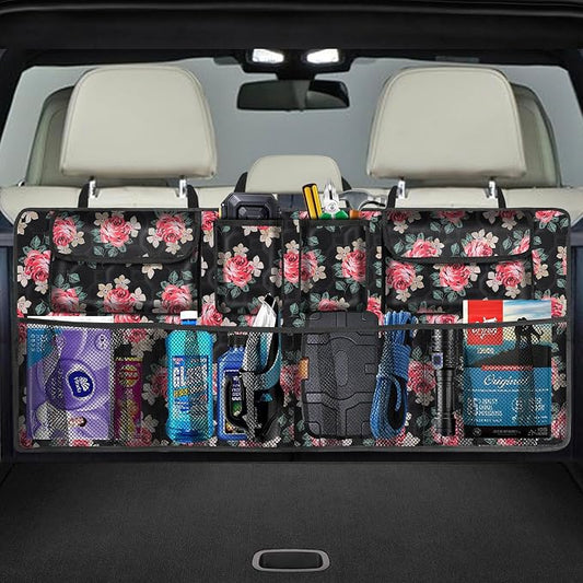 Car Trunk Organizer, Super Capacity Backseat Car Organizer for SUV/Truck/MPV(42"*18"), Hanging Car Storage Organizer with 8 Pocekts, Car Accessories for Women and Men- Floral