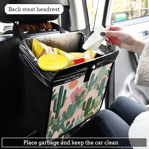 Car Trash Can Organizer Bin with Adjustable Strap for Back Front Seat Console Waterproof Leakproof Collapsible Portable 11 Inch Boho Cacti Mountains and Sun