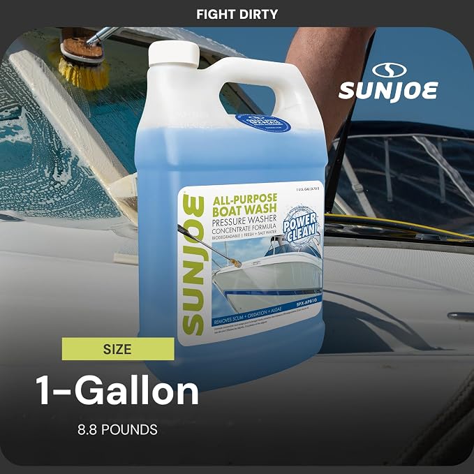 Sun Joe All-Purpose Boat Wash Cleaner for Pressure Washer, Concentrate Formula, Citrus Scent, 1 Gallon - Marine Cleaning Solution for Metal, Wood, Fiberglass, and Exterior Surfaces, SPX-APBW1G