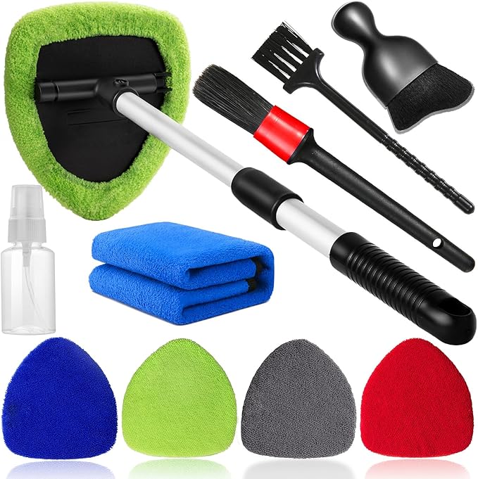 Qydipclin 10pcs Windshield Cleaning Tool Inside Car Window Cleaner Wash Kit with 4 Reusable Microfiber Pads 1 Spray Bottle and Extendable Handle Interior Auto Glass Wiper Kit, Multicolor